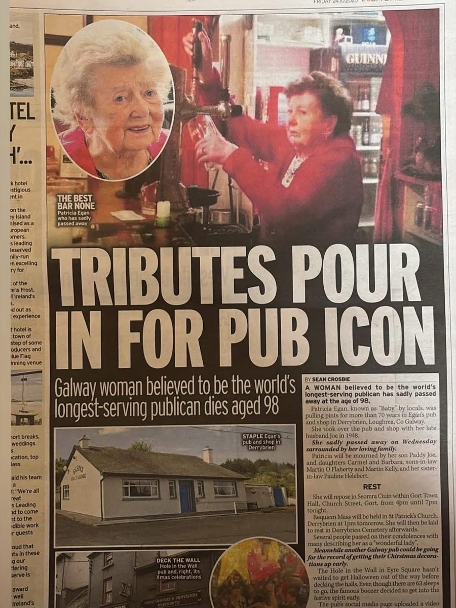 JamesMahonTV's tweet photo. In the days after my father died, she came outside the pub and sat with us on some plastic chairs and told me to get a choc ice and talked about him and life and death and was kind and dignified. An absolute lady. RIP #Derrybrien #Kilbeacanty #Galway https://t.co/XGHQ13isHX