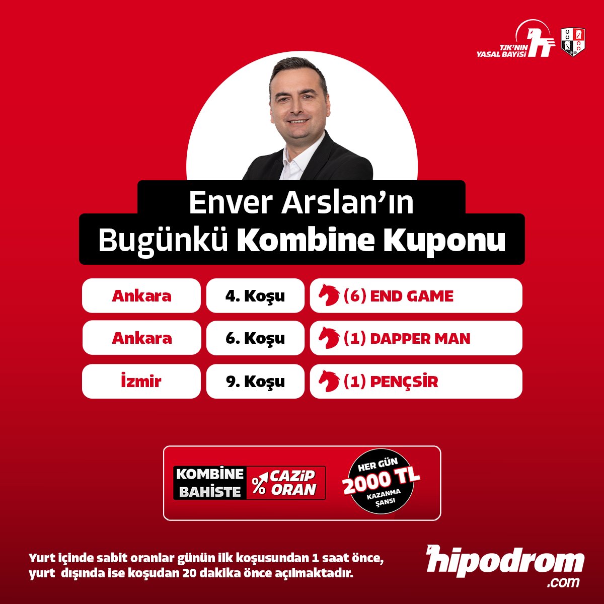🏇💥 Uzman yazarımız  Enver Arslan’ın (<a href="/startingbox/">Enver Arslan</a>) bugünkü Kombine Bahis kuponu

🌟 Sen de Kombine Bahis heyecanını hipodrom.com’da yaşa!

🔴 🎁 Cazip oranla hem sabit ihtimalli ganyan hem sabit ihtimalli ikili hem de kombine bahiste her gün 2000 TL kazanma şansını