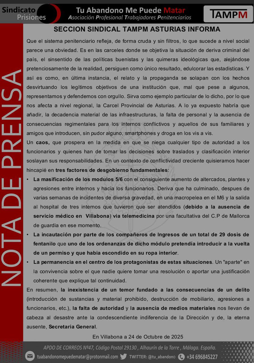 ⚫🔴TAMPM ASTURIAS INFORMA:
Graves incidentes en el módulo 6 de #sosprisiones #Asturias.
Incautación de #Fentanilo a un interno al regreso de un permiso. <a href="/lanuevaespana/">La Nueva España</a> <a href="/elcomerciodigit/">EL COMERCIO</a> <a href="/RTPAOficial/">RTPA</a> <a href="/ondacerogijon/">Onda Cero Gijón</a> <a href="/COPEAsturias/">COPE Asturias</a> <a href="/lavozdeasturias/">La Voz de Asturias</a> <a href="/RadioAsturias/">Radio Asturias Cadena SER</a>
