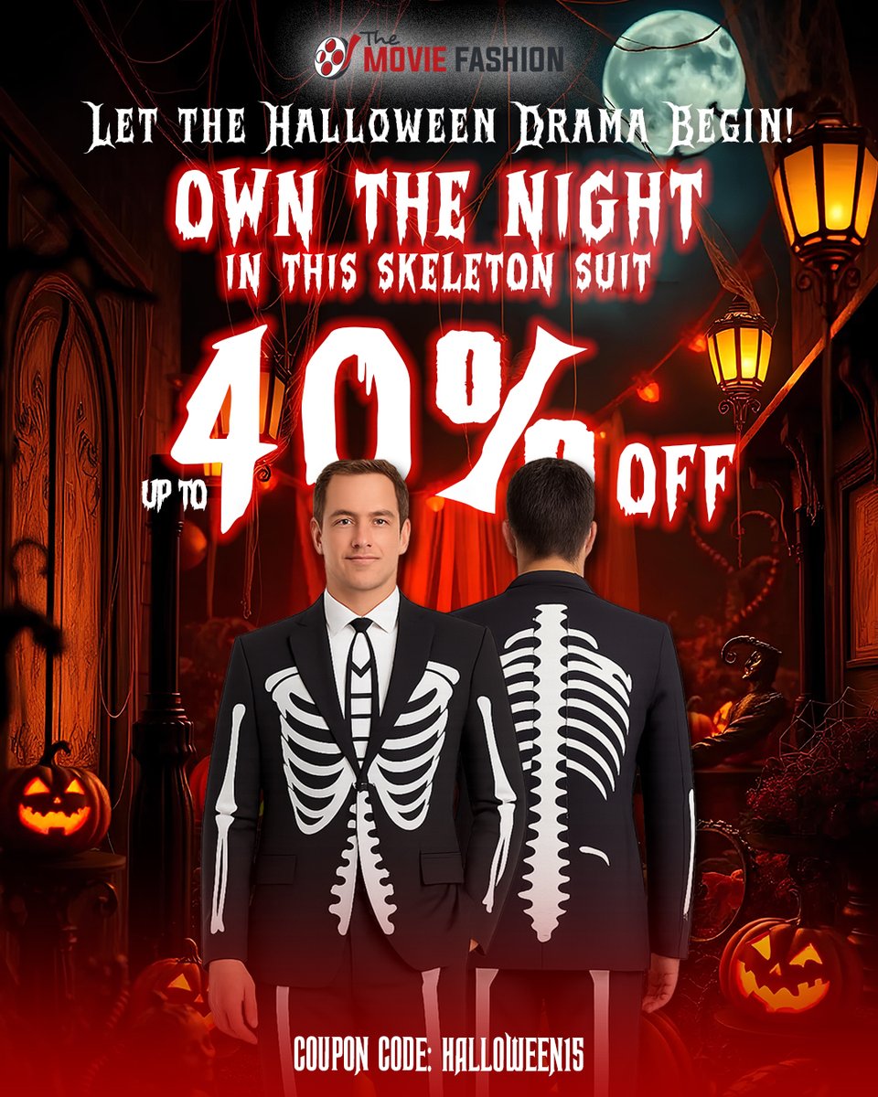 TheMovieFashio2's tweet photo. Dare to go bold this Halloween 💀
The Skeleton Suit from The Movie Fashion gives you the perfect mix of spooky &amp; stylish.

Get it before it vanishes 
👉 Shop Now: https://t.co/bsZb5niY5R

#HalloweenStyle #SkeletonSuit #SpookySeason #MensFashion #Halloween2025 https://t.co/FPy8oQ61VD