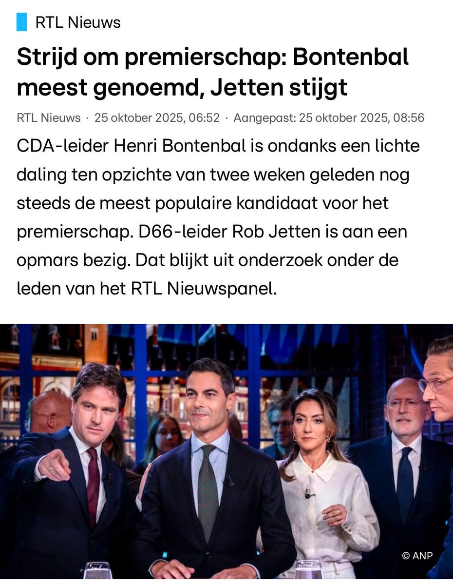 Steeds meer Nederlanders zien wat Rob Jetten te bieden heeft! 

Bontenbal en Jetten daarom bovenaan in vraag wie mensen als nieuwe premier willen. Ze staan allebei in drie debatten de komende dagen.. #hetkanwel