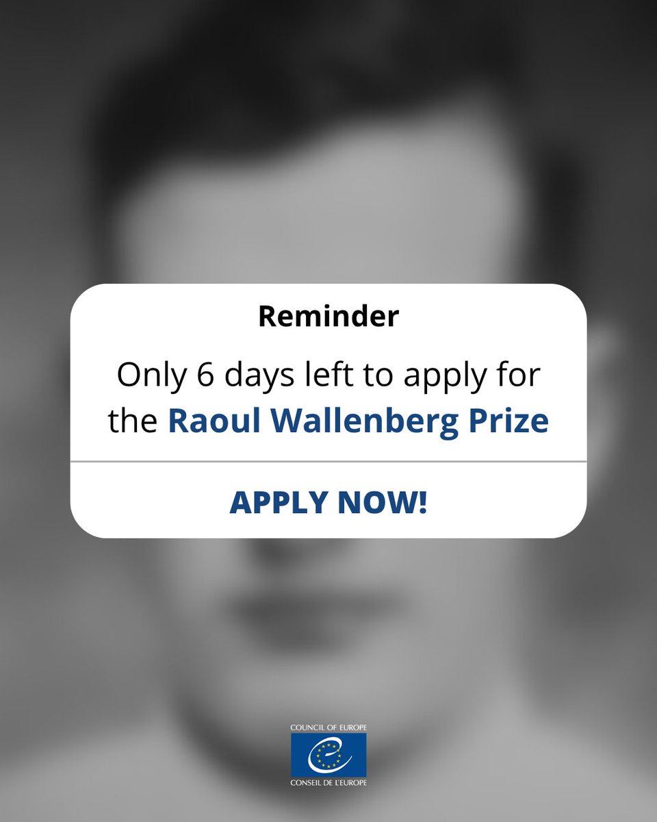 Less than a week left to apply for the Raoul Wallenberg Prize that celebrates those who stand up for human rights.

Inspired by Wallenberg's bravery in saving lives during the Holocaust, this prize recognises those fighting against injustice today.

➡️ coe.int/en/web/portal/…