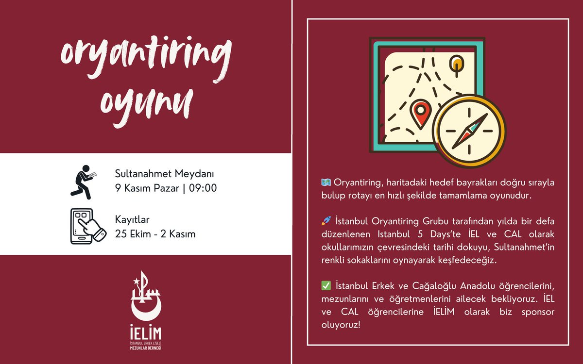 ielimdernegi's tweet photo. 🗺️ Istanbul 5 Days - Sultanahmet

🚀 İstanbul Erkek ve Cağaloğlu Anadolu öğrencileri, öğretmenleri ve mezunları! Sizleri yılda bir defa düzenlenen İstanbul 5 Days’te okullarımızın etrafını, Sultanahmet’in tarihi ve renkli sokaklarını oryantiring oynayarak keşfetmeye çağırıyoruz. https://t.co/xmLM2GaGkW