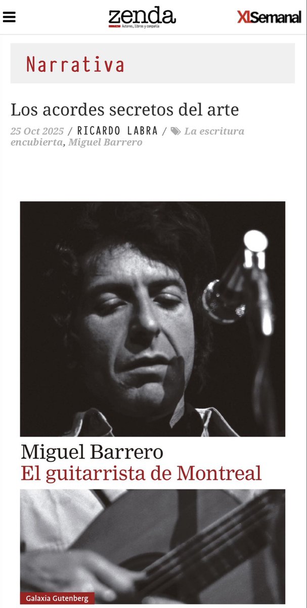 MiguelBarrero's tweet photo. 📚🎸 Muy agradecido a @RicardoLabra18 por esta reseña tan bonita y tan generosa que hace de 𝑬𝒍 𝒈𝒖𝒊𝒕𝒂𝒓𝒓𝒊𝒔𝒕𝒂 𝒅𝒆 𝑴𝒐𝒏𝒕𝒓𝒆𝒂𝒍 en @zendalibros. 

👉🏻 https://t.co/0fhIBQd9Vz https://t.co/NMVExdWQHR