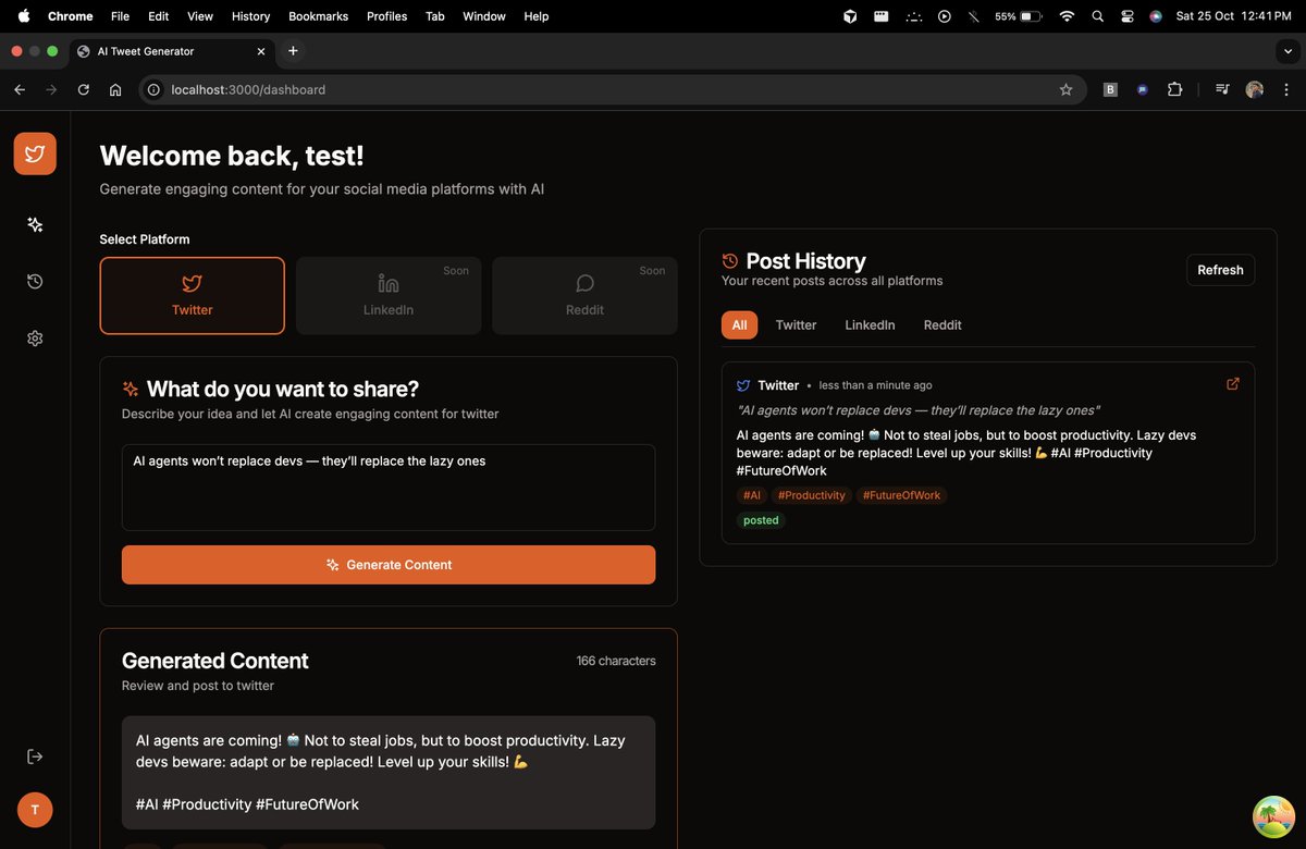 Remember that Diwali weekend project? 🪔
Started as an AI tweet generator…

My AI tweet generator now connects directly to your Twitter account. Type a prompt → AI generates content → post straight to X.

From idea → it works! 🚀

#BuildInPublic #AI #LangGraph #Gemini #Diwali