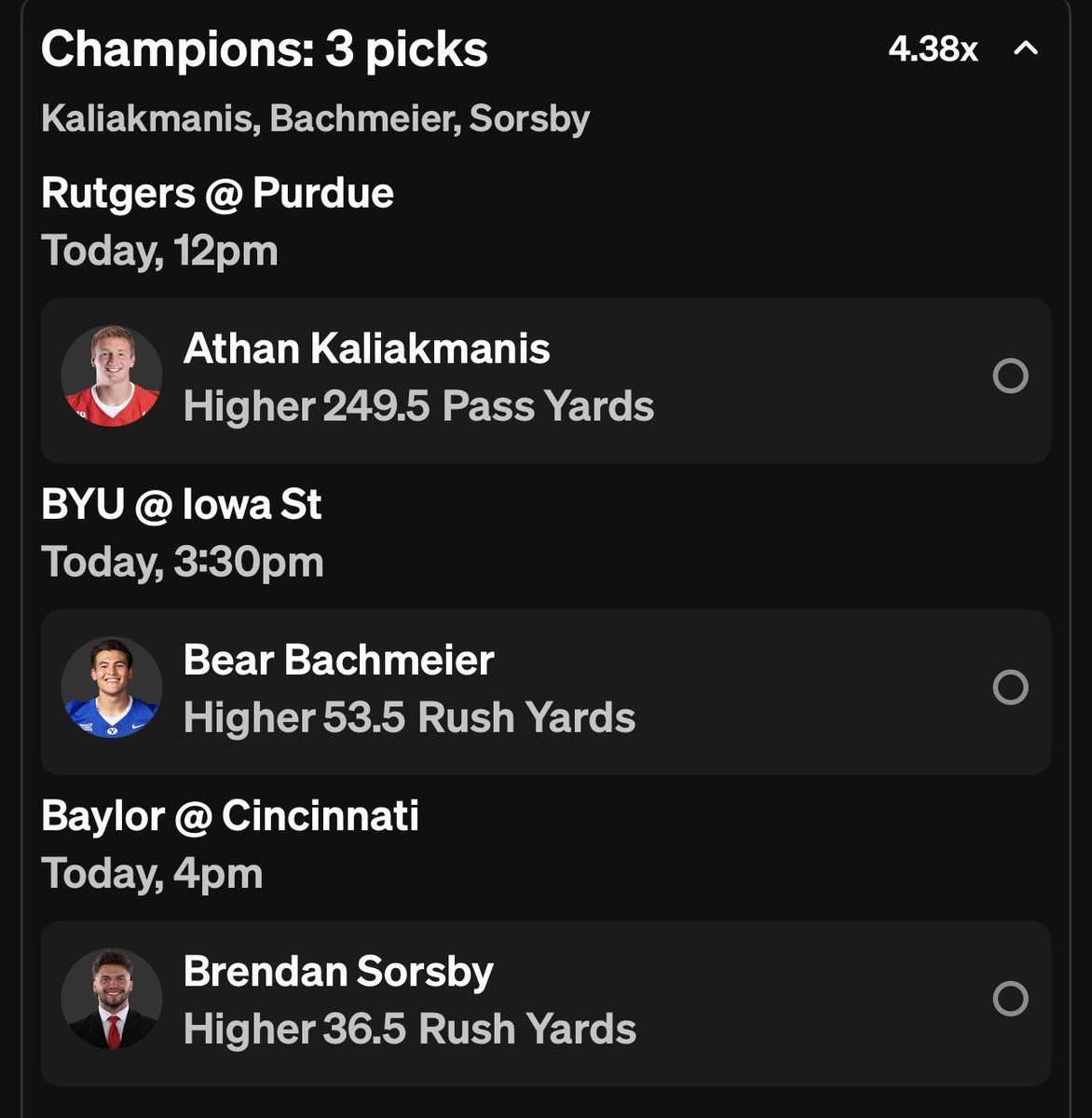 PropsSaturday's tweet image. Plays I like! (Did an alt line for Kaliakmanis.) 

#CFBpicks #Underdog #GamblingX