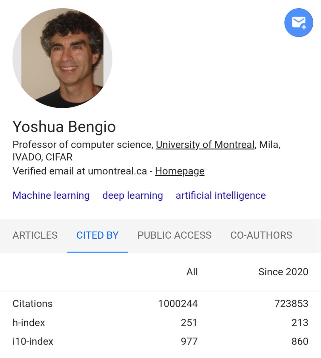 danijarh's tweet image. Congratulations @Yoshua_Bengio!! Possibly the first scientist with one million citations in the world. Crazy how fast the field has grown 🤯
