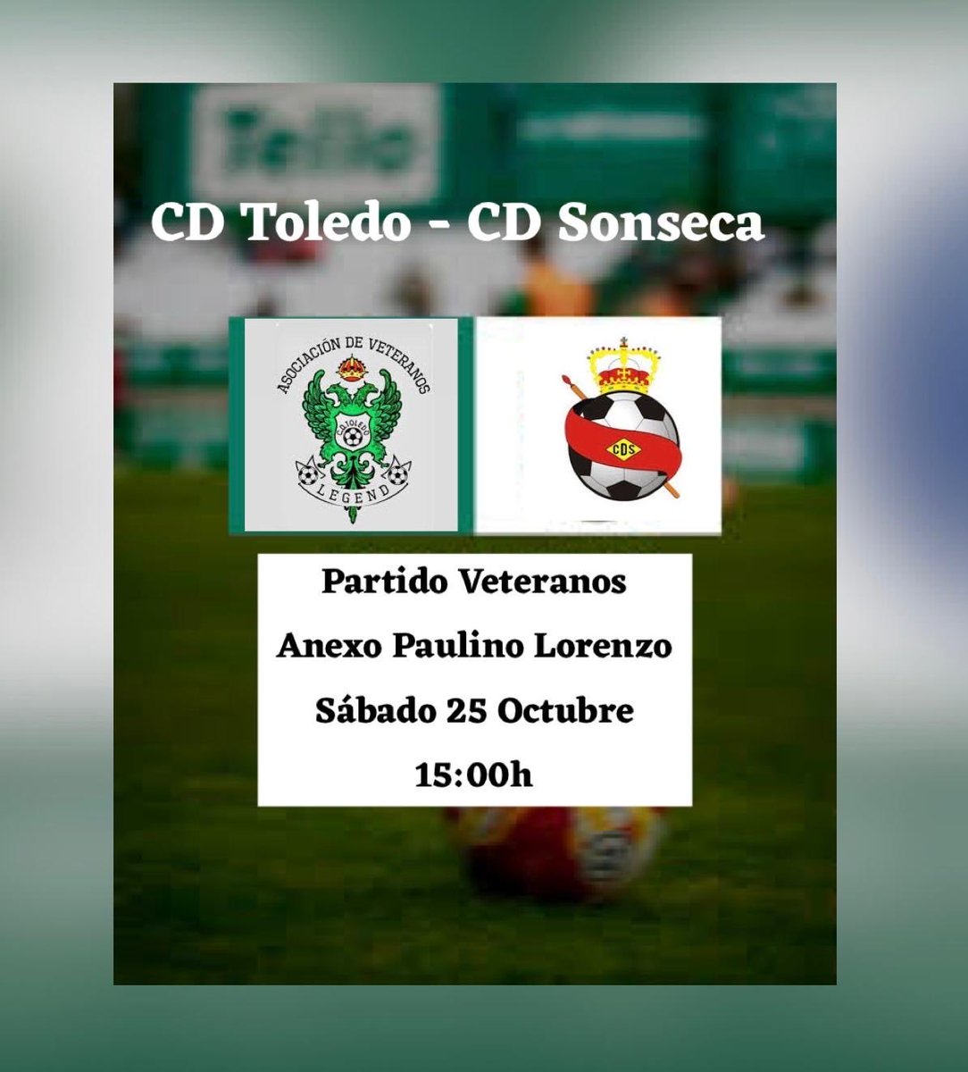 ⚽️ Hoy tenemos partido, jugamos contra nuestros vecinos de Sonseca, donde pasaremos una buena tarde de fútbol y reencuentro de compañeros 🟢⚪️🦅

⚔️ <a href="/ToledoVeteranos/">VETERANOS C.D TOLEDO 🟢 ⚪️</a> - Sonseca Veteranos
🏟️ Anexo Paulino Lorenzo, Toledo
⏰ 15:00h

#futbol#veteranos#toledo