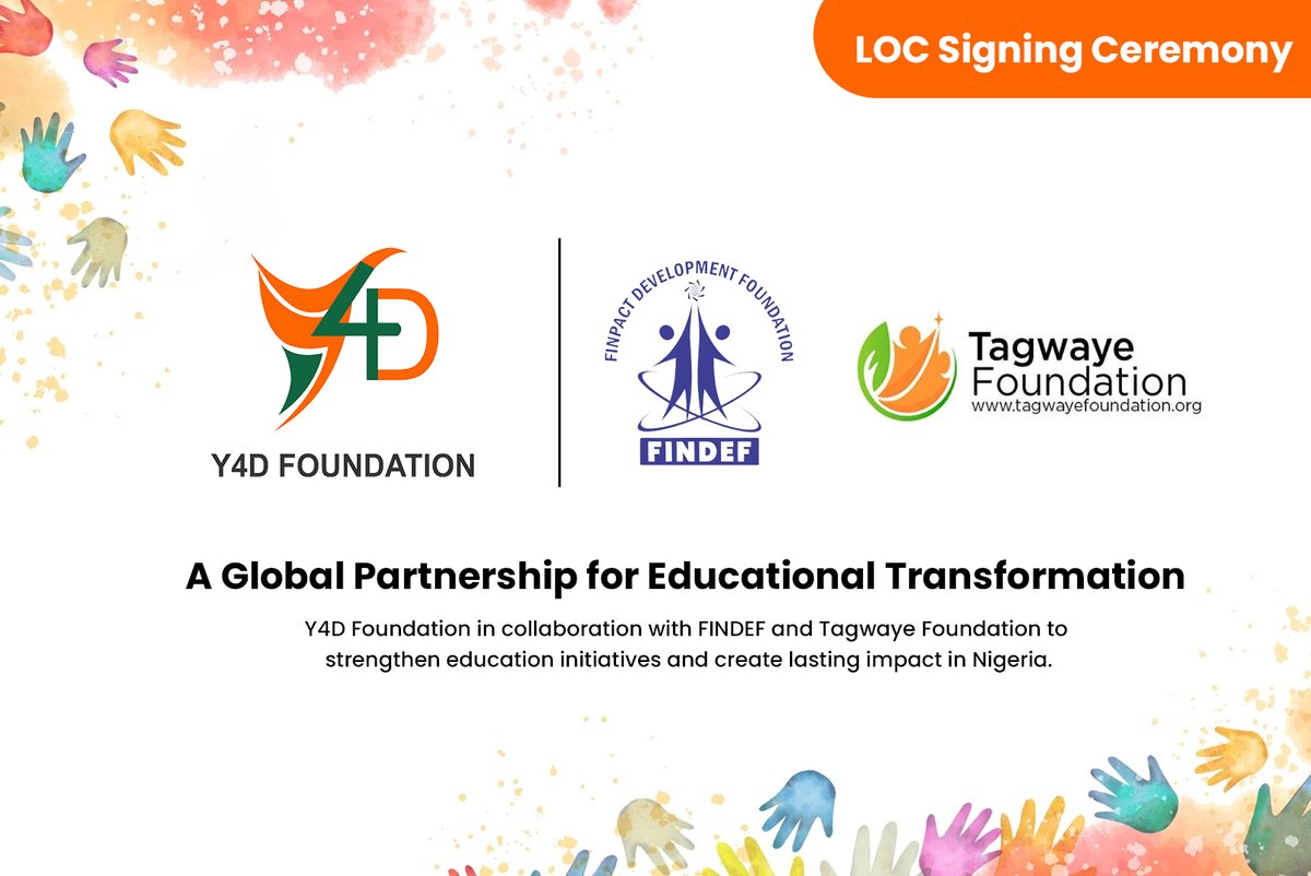 Y4D Foundation is proud to join hands with <a href="/FINDEF1/">Finpact Development Foundation (FINDEF)</a> &amp; <a href="/TagFound/">Tagwaye Foundation</a>, Nigeria! Together, we’re driving impactful education initiatives and shaping brighter futures for Nigerian youth.
#Nigeria #FINDEF #TagwayeFoundation #ImpactfulChange