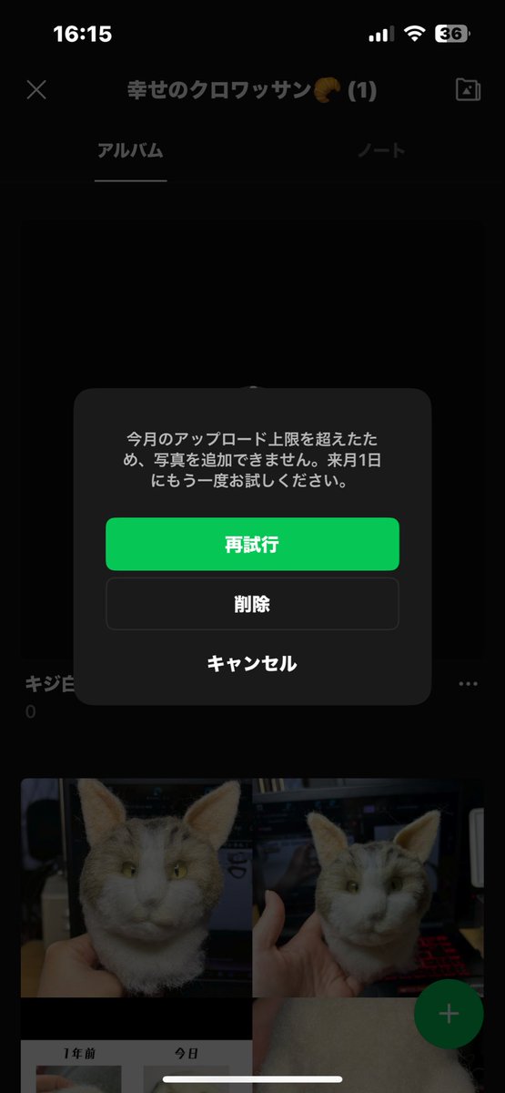 hapicro_feltcat's tweet photo. そんな制限あったのか。。。
LINEのお1人様アルバムで練習用の写真���理してたら、初めて気づいた https://t.co/eUNTswZB2f
