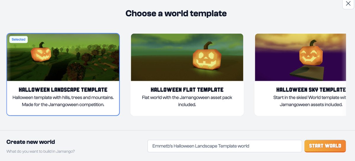 New Jamangoween templates are available for game jam:
  
🎃 Halloween Sky Template       
🎃 Halloween Landscape Template       
🎃 Halloween Flat Template

All templates include the Halloween asset pack which includes 150+ halloween assets including blocks, props and blueprints!