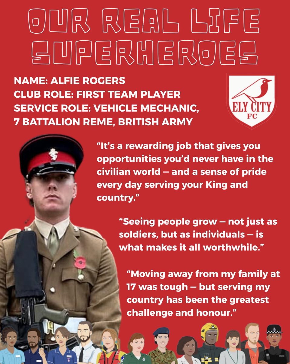 ElyCityFC's tweet image. Our real-life superheroes at Ely City FC ❤️⚽
Alfie Rogers: First Team player &amp;amp; British Army soldier
Dr. Mick Bolina: U12 manager &amp;amp; local GP
Lee Alsop: Committee member &amp;amp; Fire Service crew manager

Thank you for all you do on &amp;amp; off the pitch. #bluecardservicesday #CommunityHeroes