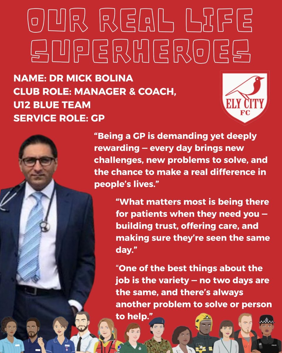 ElyCityFC's tweet image. Our real-life superheroes at Ely City FC ❤️⚽
Alfie Rogers: First Team player &amp;amp; British Army soldier
Dr. Mick Bolina: U12 manager &amp;amp; local GP
Lee Alsop: Committee member &amp;amp; Fire Service crew manager

Thank you for all you do on &amp;amp; off the pitch. #bluecardservicesday #CommunityHeroes
