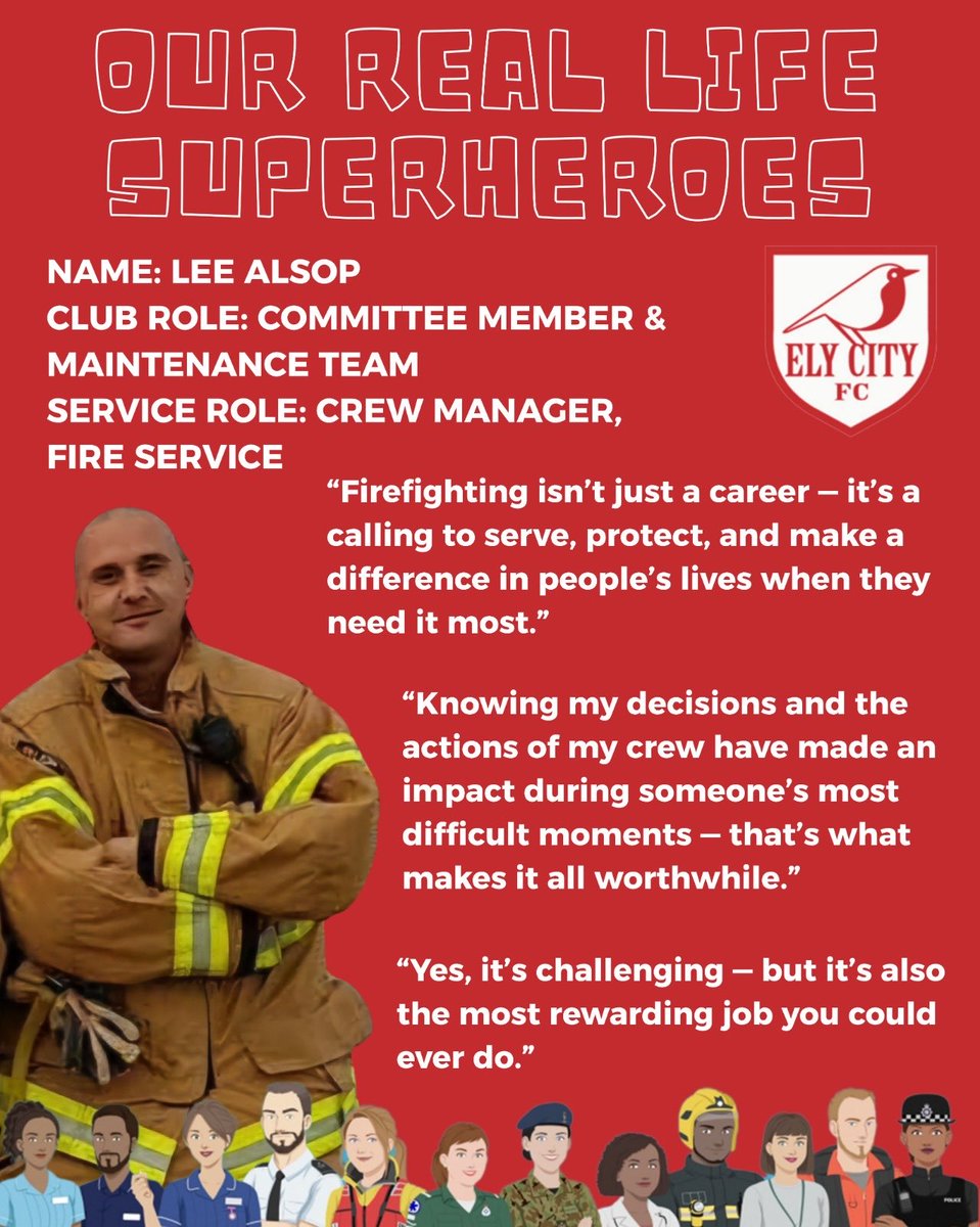ElyCityFC's tweet image. Our real-life superheroes at Ely City FC ❤️⚽
Alfie Rogers: First Team player &amp;amp; British Army soldier
Dr. Mick Bolina: U12 manager &amp;amp; local GP
Lee Alsop: Committee member &amp;amp; Fire Service crew manager

Thank you for all you do on &amp;amp; off the pitch. #bluecardservicesday #CommunityHeroes