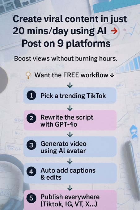 sakhil_ai's tweet image. Create viral posts in 20 mins/day across 9 platforms with this AI workflow:👇

⚡ Rewrite with AI
⚡ Auto-generate videos
⚡ Add captions
⚡ Publish everywhere

Workflow Guide now!

To claim:🫵

❤️ Like
🔁 Retweet
💬 Comment “VIRAL”
👤 Follow me
   
Grow faster. Work less. 🚀