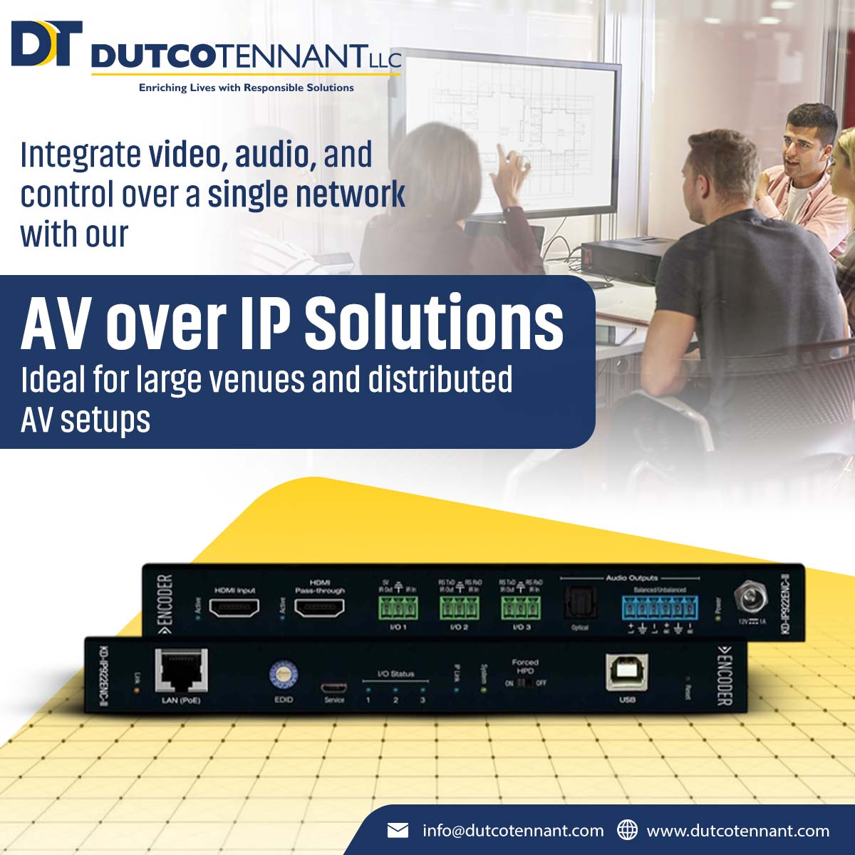 Dutcotennant's tweet image. Ditch bulky cables! 🚀

Make your #AVnetwork smarter with our #AVoverIP solutions—flexible, scalable &amp;amp; easy to manage.
📩 info@dutcotennant.com

#ProAV #SmartTechnology #DutcoTennantLLC