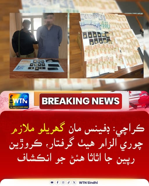 WTNSindhi's tweet photo. ڪراچي: ڊفينس مان گھريلو ملازم چوري الزام ھيٺ گرفتار، ڪروڙين رپين جا اثاثا ھئڻ جو انڪشاف
#karachi #Areest #BreakingNews #WTN https://t.co/bU5FtkspPC