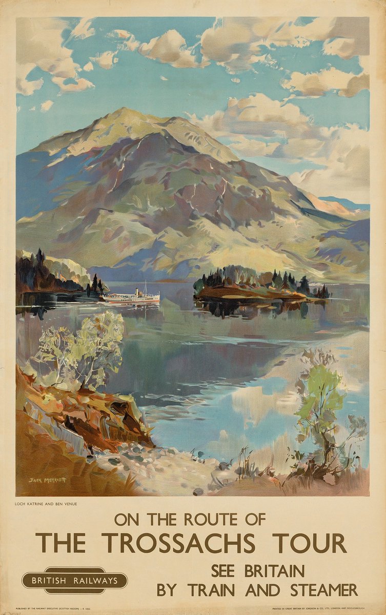 74frankfurt's tweet photo. Loch Katrine and Ben Venue railway poster by Jack Merriot, c.1950 https://t.co/g4rj5cqpH9