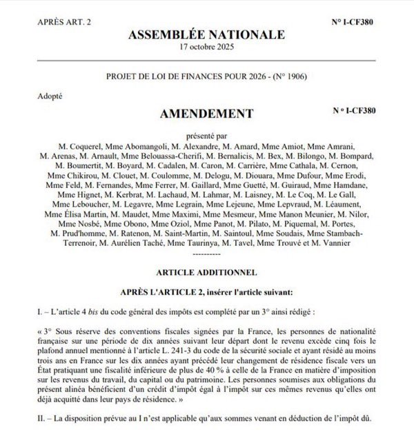 🚨 L’IMPÔT UNIVERSEL ÉCHAPPE DE JUSTESSE 🇫🇷

Rejeté d’une seule voix seulement, l’amendement visant à taxer les exilés fiscaux français même sur leurs revenus étrangers ne passera finalement pas.

Une décision lourde de sens… et un signal clair pour les grandes fortunes déjà