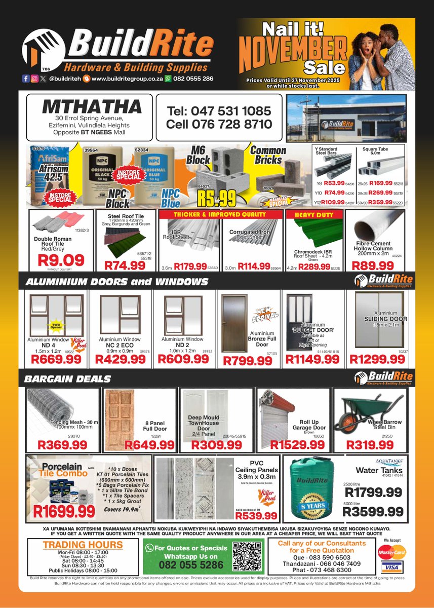 BuildriteH's tweet image. BuildRite Hardware Nail It November Sale is now on at Mthatha... Are you ready for these Crazy prices and many more Amazing deals!!!😁

#Mthatha #umtata #kwazulunatal #buildrite #buildritehardware #hardware #hardwarestore #affordable #dream