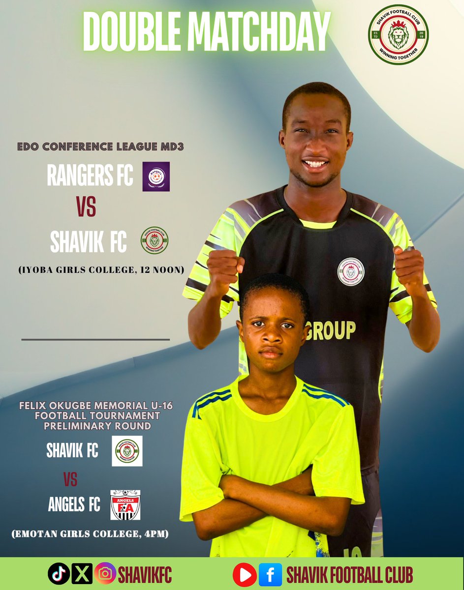 ShavikFC's tweet photo. DOUBLE MATCHDAY β½πͺ
Our Senior boys, the #Shaviklions will take on Rangers FC by 12 noon in the Matchday 3 fixture of the @Edoconfleague
Later in the day, the U16 lads will take on Angels FC in the Felix Okugbe Memorial football tournament.
#shavikfc #doublematchday https://t.co/XTopJuwNic