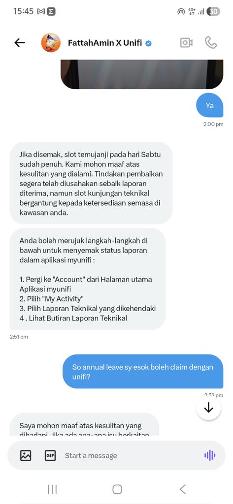 sawijepun's tweet photo. @unifi Nk check kerosakkan teknikal kena tengok technician free tak https://t.co/4XpLpcNDdQ esok kena ambik annual leave pulak ye @unifi semata nak menunggu technician ko. https://t.co/DfI9djZ09X