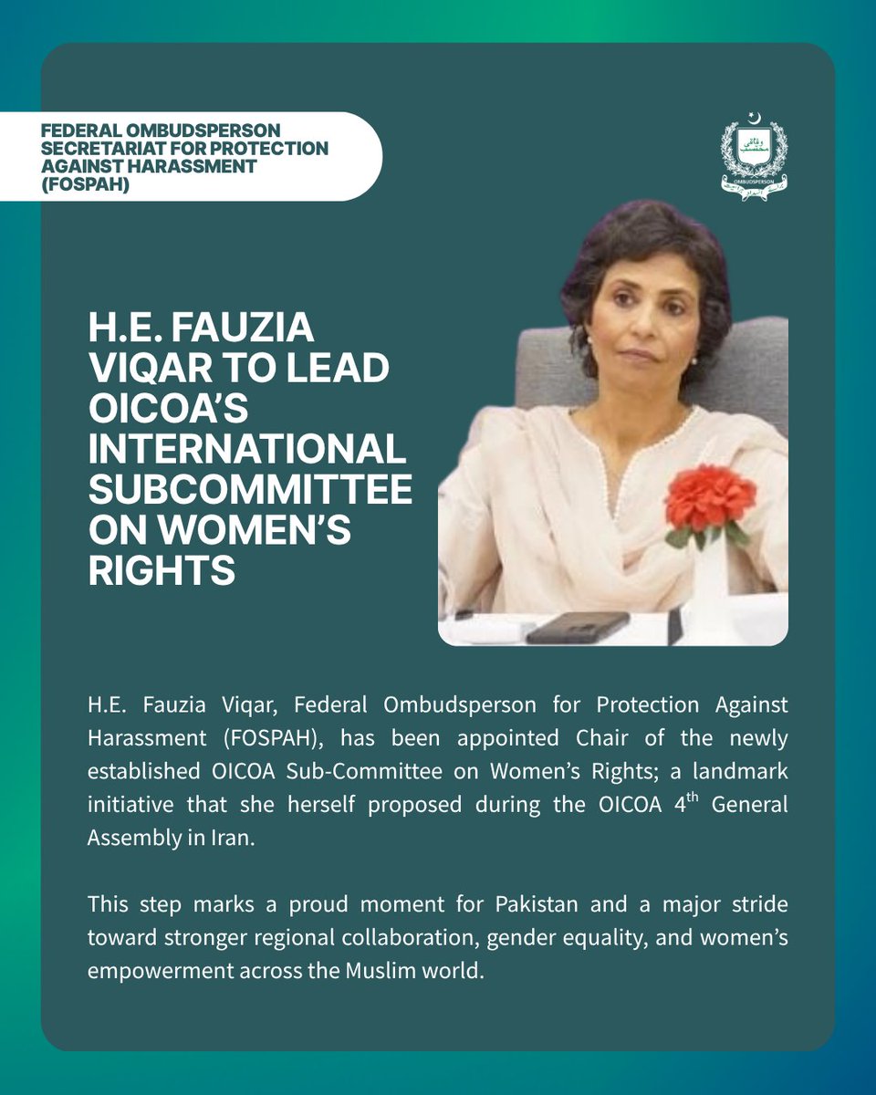 A proud moment for Pakistan! 🇵🇰

The OICOA Secretariat has announced the formation of this new subcommittee with Ms. <a href="/fauziaviqar/">Fauzia Viqar</a>  appointed as its first Chair.

This milestone marks a new chapter in regional cooperation and gender equality across the Muslim world.