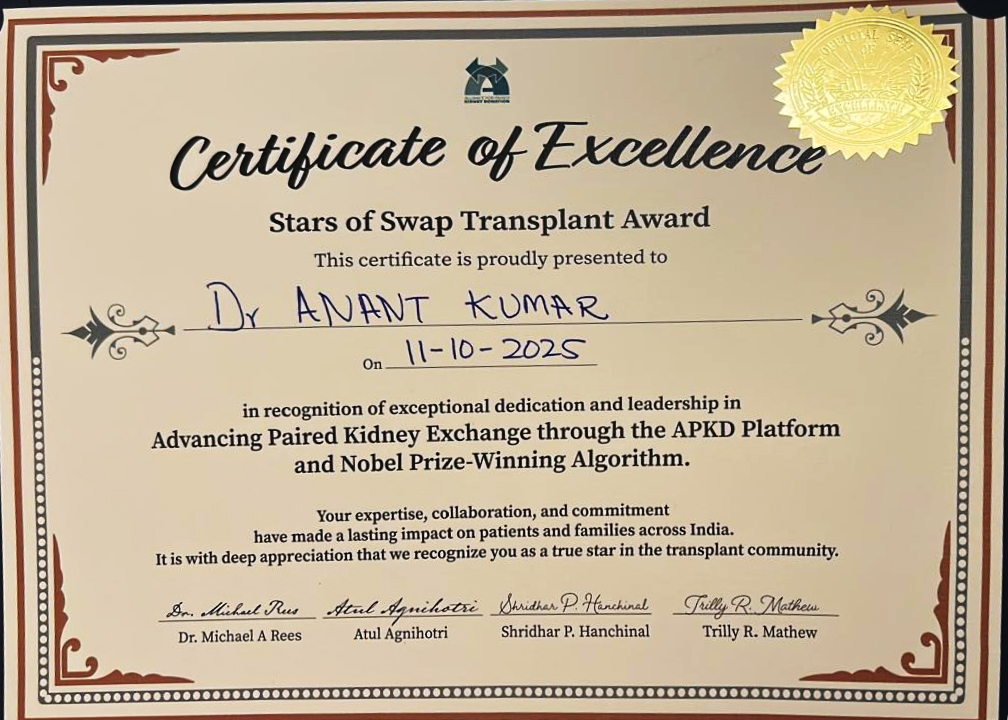 🌟 Honoured &amp; Grateful 🌟
Feeling deeply humbled to receive the "Stars of Swap Transplant Award" a Certificate of Excellence recognizing dedication and leadership of the Swap Transplant Programme of our department.
This recognition is not just mine — it belongs to my entire team