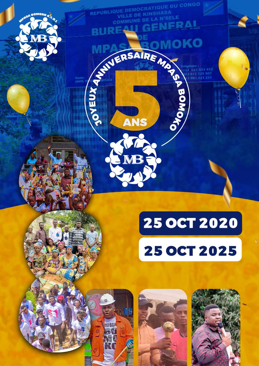 💙 JOYEUX 5ᵉ ANNIVERSAIRE À MPASA BOMOKO 💛

Aujourd’hui, nos cœurs sont remplis d’une profonde gratitude 🙏
Cinq ans déjà que Dieu a permis à MPASA BOMOKO de voir le jour — une vision née du cœur de l’unité,de l’amour et du service.

Depuis le25octobre2020nous marchons ensemble