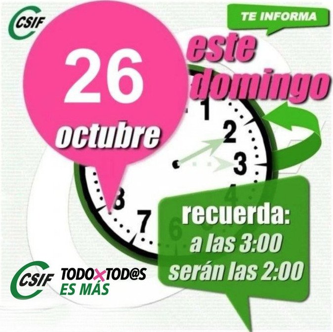 CSIFZaragoza's tweet image. CSIF ZARAGOZA os recuerda el cambio de hora