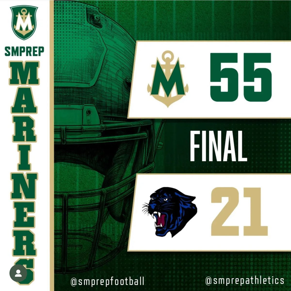 Mariners defeated the Panthers 55-21 on the road.
<a href="/CoachTBarnes/">CoachTBarnes</a> 
#AllHailtheGreenandGold
#smprep #smprepfootball