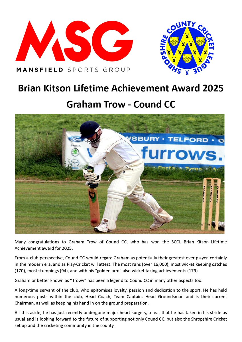 ShropCCLeague's tweet photo. Our final individual award is the Brian Kitson Life Time Achievement award.

This year it goes to Graham Trow of @CoundCC 

Trowy has been involved with Shropshire cricket for so many years and has been a true servant to Cound CC.

Congratulations Graham! https://t.co/eU0uZQlZDh