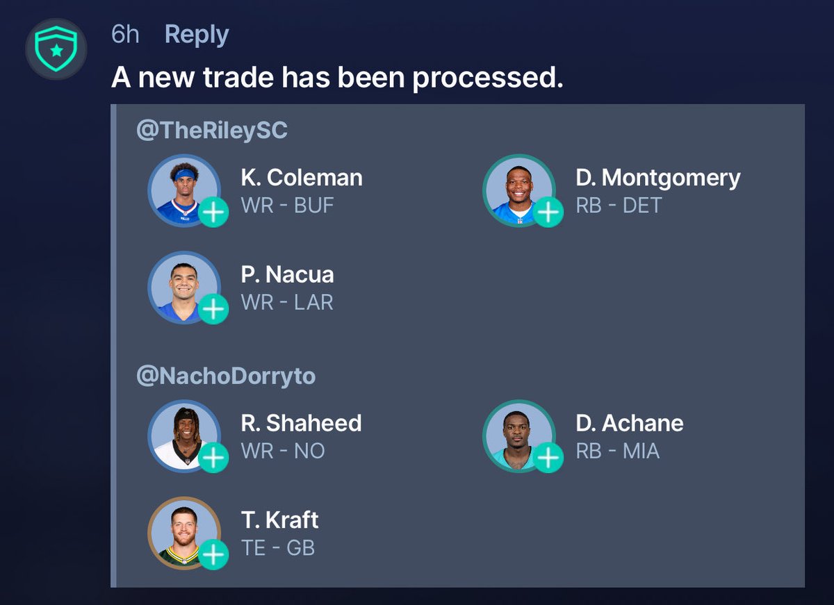TheRileySC's tweet photo. I needed Puka desperately, so I went out and got him… (I had a surplus of RB’s with Josh Jacobs, De’Von Achane and Rico Dowdle + a surplus of TE’s with Tucker Kraft, Hunter Henry, Orande Gadsden and Dallas Goedert) https://t.co/6MBm6psqhW