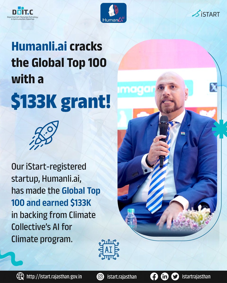 Innovation rooted in Rajasthan, echoing across the globe! 🌎

iStart-registered startup Humanli.ai has officially entered the Global Top 100 and secured $133K in support through Climate Collective’s AI for Climate program.

And that’s how Rajasthan’s ideas travel the
