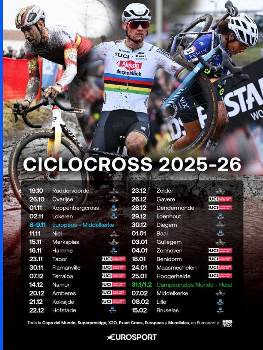 El ciclocross también se vive en Eurosport.
Aquí tenéis el calendario para la temporada 2025-2026.