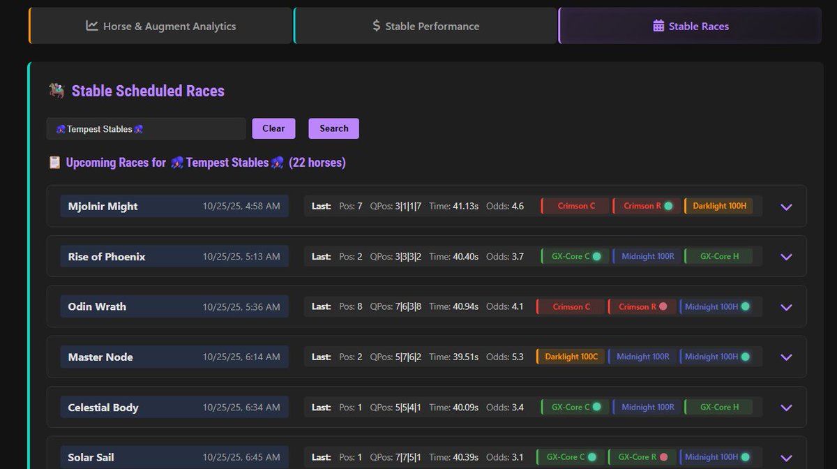 New feature for zedsight.com on <a href="/zed_champions/">ZED CHAMPIONS</a> 🧵

Enter your stable name in and get all your scheduled races, and it shows what your horse did last race.