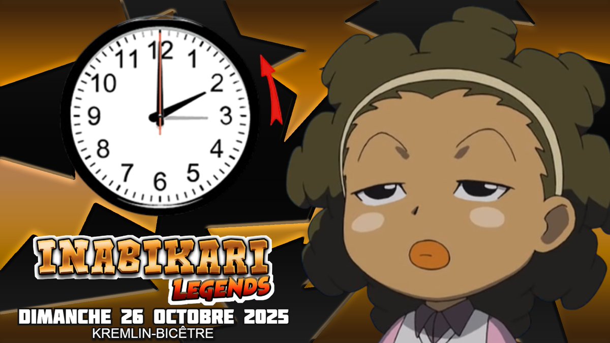 ⚡ ATTENTION ! ⚡

N’oubliez pas que ce weekend, on passe à l’heure d’hiver ! 🥶
Dans la nuit de samedi à dimanche, à 3h du matin, il sera 2h. 
Pensez à retarder vos réveils pour éviter toute confusion et arriver à l'heure pour l'INABIKARI Legends !