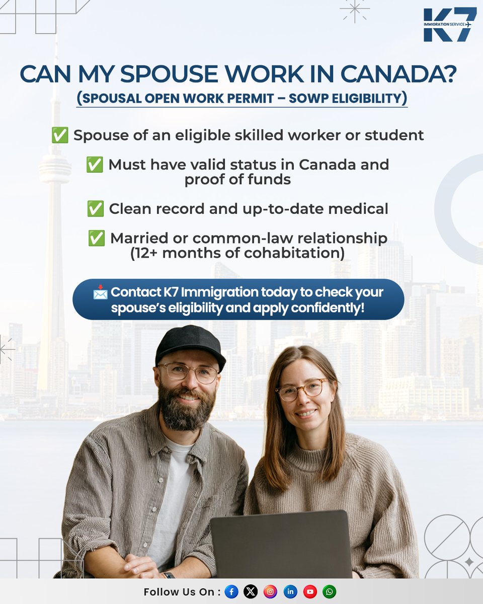 k7immigration's tweet image. Bring your spouse to Canada with a Spousal Open Work Permit (SOWP) and build your future together. 🍁

📞 Connect with K7 Immigration to check eligibility today!

#CanadaImmigration #SpousalOpenWorkPermit #K7Immigration #WorkInCanada #SpouseVisaCanada