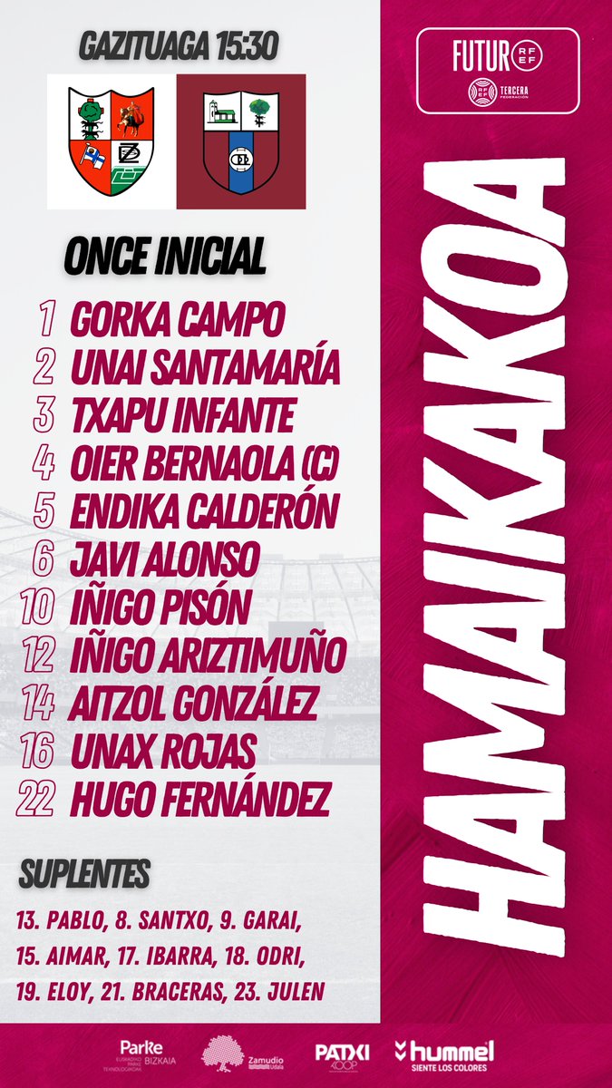 1️⃣1️⃣ Este es el once elegido por <a href="/aritzdelarosa/">aritz</a>
 para enfrentarnos al <a href="/cd_derio/">CD DERIO</a> 

#AupaZamudio