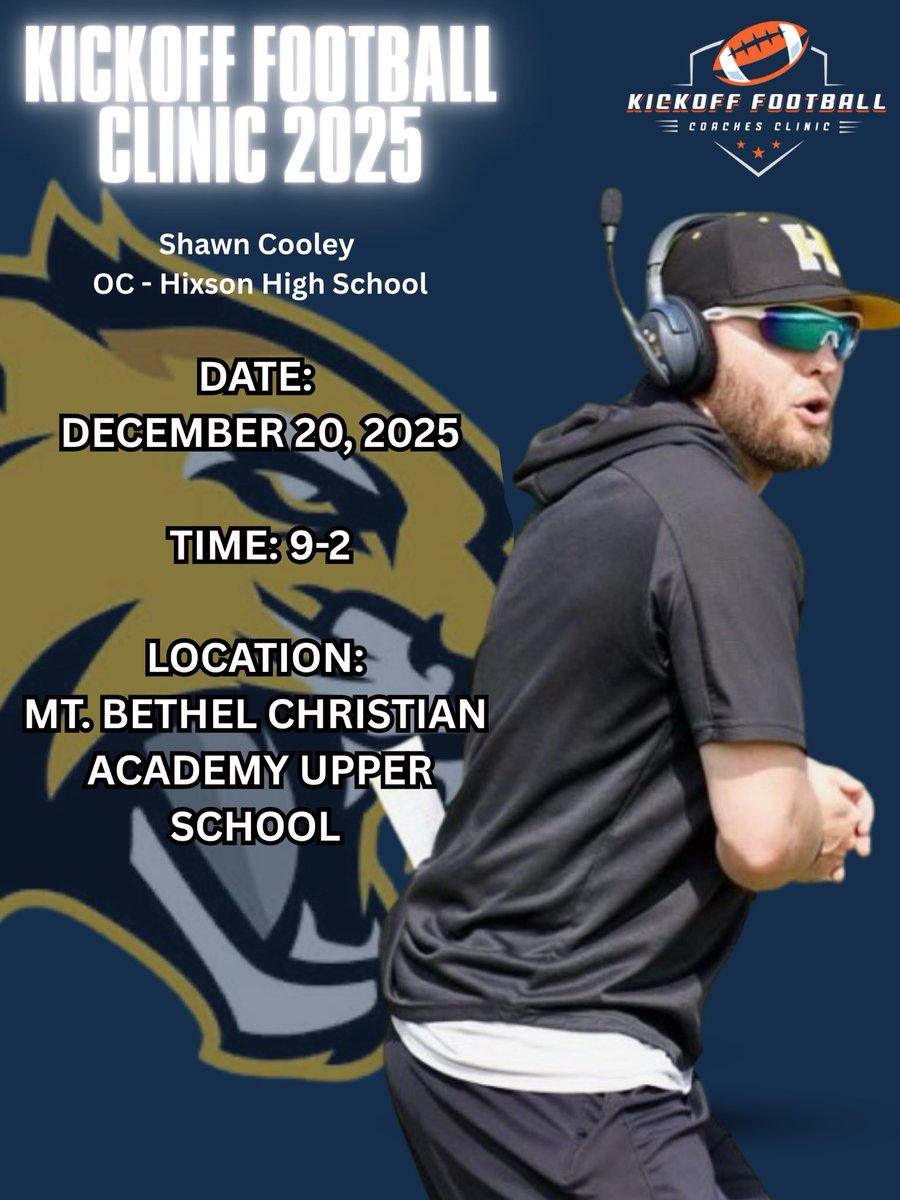 🚨🚨🚨 Coach Shawn Cooley, Offensive Coordinator at Hixson High School (TN), will be one of the featured speakers at this year’s Kickoff Coaches Clinic!
With an incredible roster of coaches coming together, this year’s clinic is one you won’t want to miss.