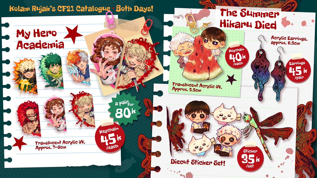 🐟 Kolam Rujak's #CF21 PO is open! 🐟

📅: 23-28 Oct
🛒: Pick up at i-26b (both days)
🐟: Originals, Twenty One Pilots, Dungeon Meshi, Fear&amp;Hunger, My Hero Academia, TSHD, DC, Sonic.

[1/2] 
❤️&amp;🔁 are appreciated!
#cf21catalogue