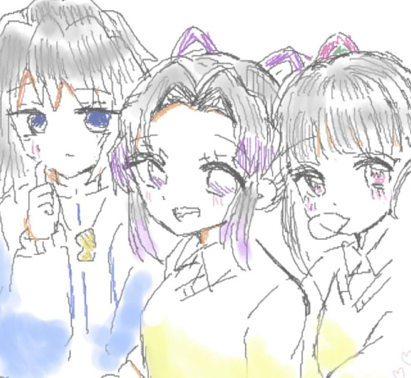 これは数年前に仲良しな🐰(お友達)と絵チャをした時に描いた、ぎゆしの+カナヲ……いや姉妹+冨岡？🌊🦋🌸

このしのぶちゃんの顔が可愛くかけた気がして今でも気に入っています( ˘ω˘ ) ｽﾔｧ…