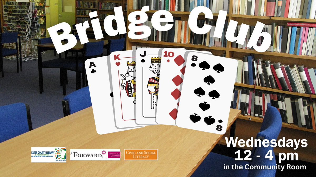HankinLibrary's tweet image. Our Bridge Club meets every Wednesday from 12-4 in the Community Room. Stop by and play a game! You don&apos;t need to be an expert to join in the fun. 

No registration required, no cost to play!

#HankinLibrary #PAForward #SocialLiteracy