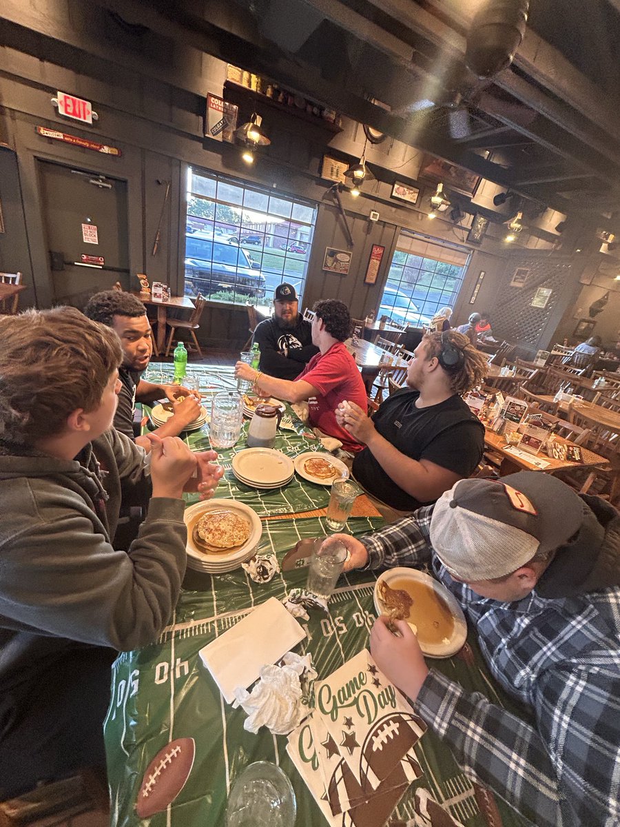 Friday night may be over, but the Saturday morning pancake eating contest at Cracker Barrel is going into the 2nd QTR. Got the OL stacking plates.