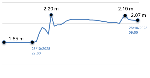 25/10/2025 #Lluvia 9h30m 
🌧️Milímetros extra en la madrugada: se debió a una banda pos-frontal como parte del mismo sistema. 
➡️Secuencia del evento 3 días: 
20 mm -> 23/10
103 mm -> 24/10
37 mm - 25/10
*160 mm* total
📏Así se expresó la segunda crecida luego del último evento.