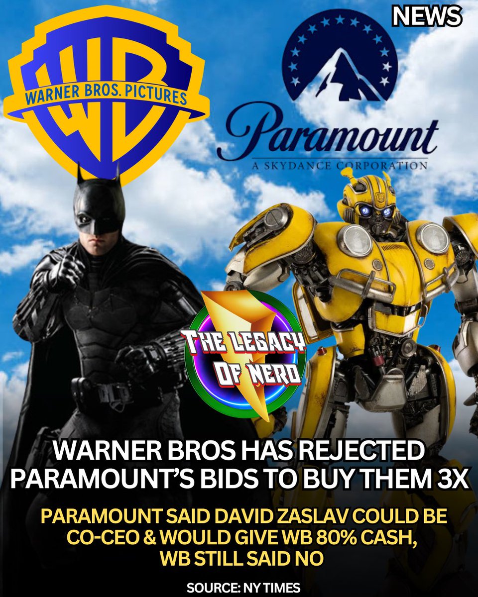 thelegacyofnerd's tweet image. Warner Bros has rejected Paramount’s bids 3x to buy them
The latest offer included 80% cash and David Zaslav could be CO-CEO