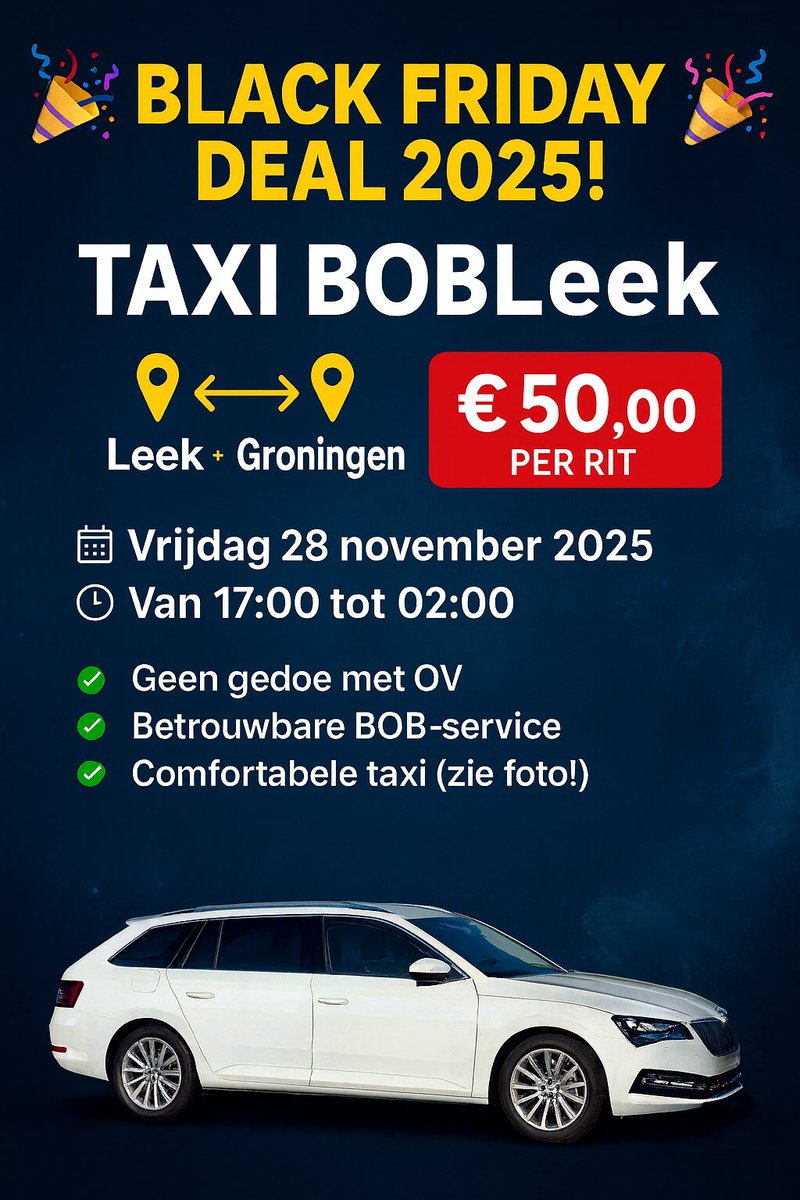 Het duurt nog even, maar we willen deze Black Friday aanbieding alvast met jullie delen! #Leek <> #Groningen 

#Taxi #BOBLeek