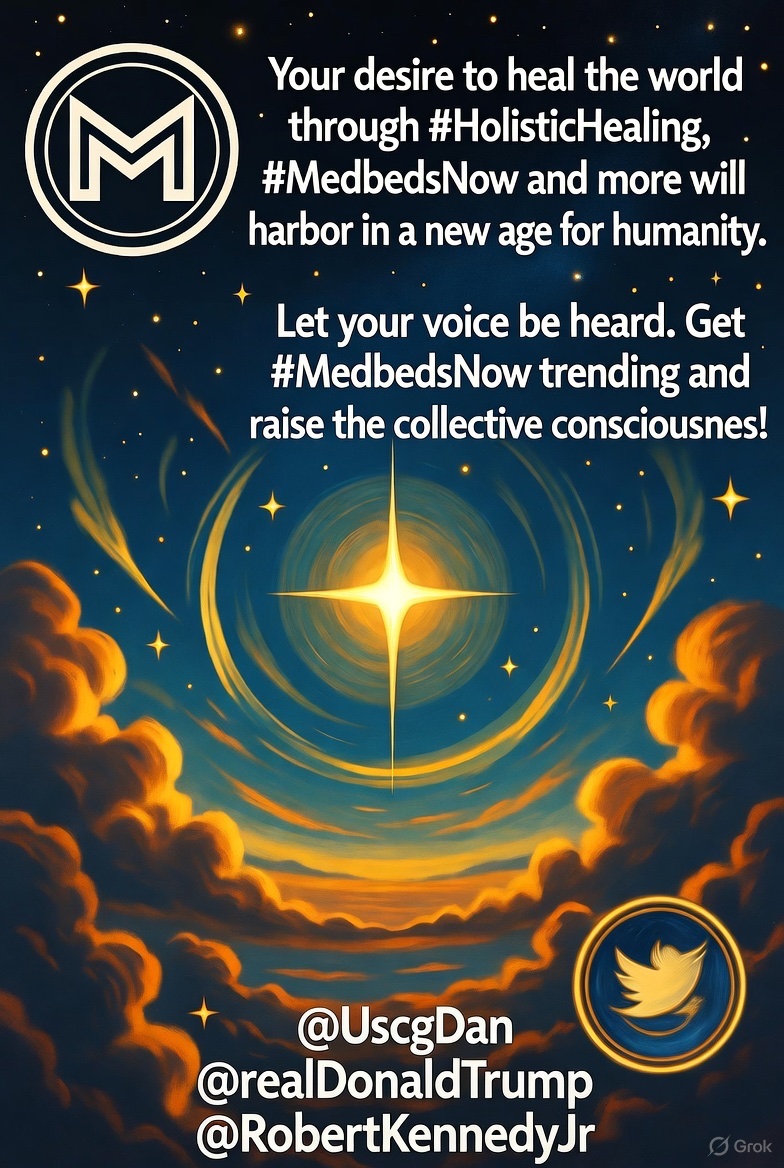 Your desire to heal the world through #HolisticHealing, #MedbedsNow and more will harbor in a new age for humanity. Let your voice be heard. Get #MedbedsNow trending and raise the collective consciousness! 
<a href="/UscgDan/">DanUSCG</a> 
<a href="/realDonaldTrump/">Donald J. Trump</a> 
<a href="/RobertKennedyJr/">Robert F. Kennedy Jr</a>