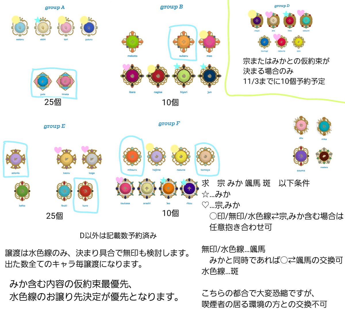 【交換】あんスタ スタライ リンライ アニバーサリースフィアライト

譲)英智 渉 弓弦 桃李 スバル 真 真緒 凪砂 茨 日和 ジュン ひなた ゆうた 敬人 紅郎 薫 晃牙 アドニス なずな 友也 光 創 レオ 凛月 嵐 司 維吹
(一彩 藍良 巽 マヨイ 夏目 つむぎ 宙)

求)みか

基本郵送 4/24昼,25昼現地手渡し