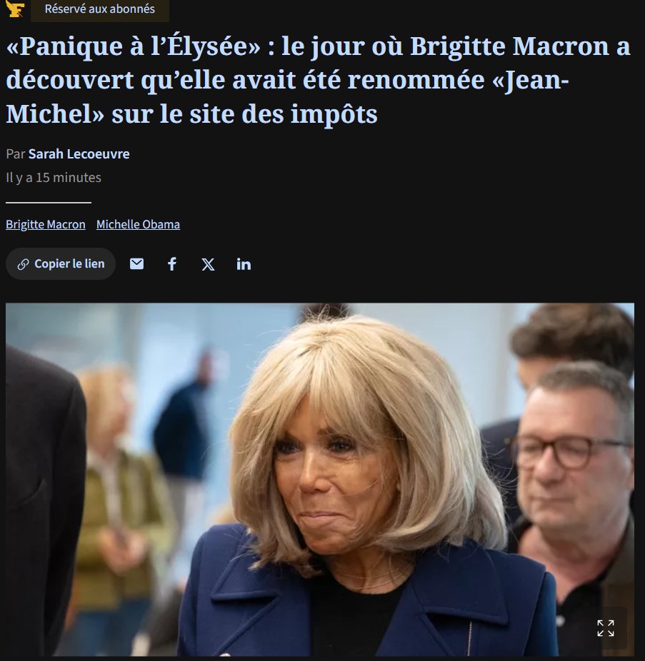 قبل قليل... 

اكتشاف أن اسم زوجة الرئيس الفرنسي مسجل في مصلحة الضرائب باسم ذكر (جان ميشيل) وليس أنثى (بريجيت ماكرون).

الحادثة قلبت قصر الإيليزيه رأساً على عقب وأثارت كابوس للرئيس الفرنسي الذي أمر بفتح تحقيق عاجل في الحادثة لمعرفة سبب وجود اسم ذكر لزوجته في موقع حكومي رسمي.

زوجة